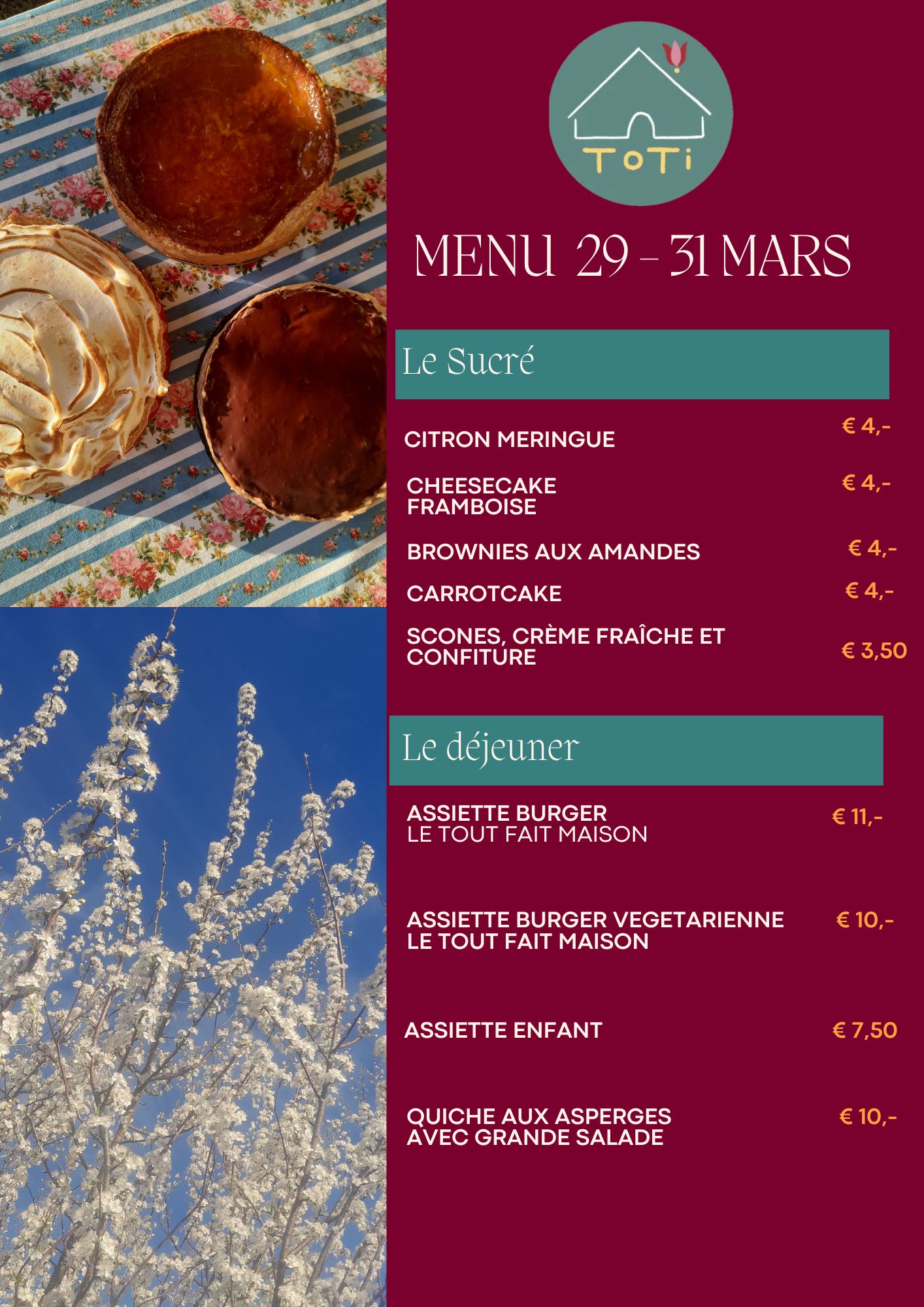 Menu de 29 – 31 mars